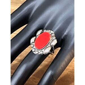 Vintage Beau Sterling Red Glass Cabochon Ring Size 6 Adjustable Mid Century